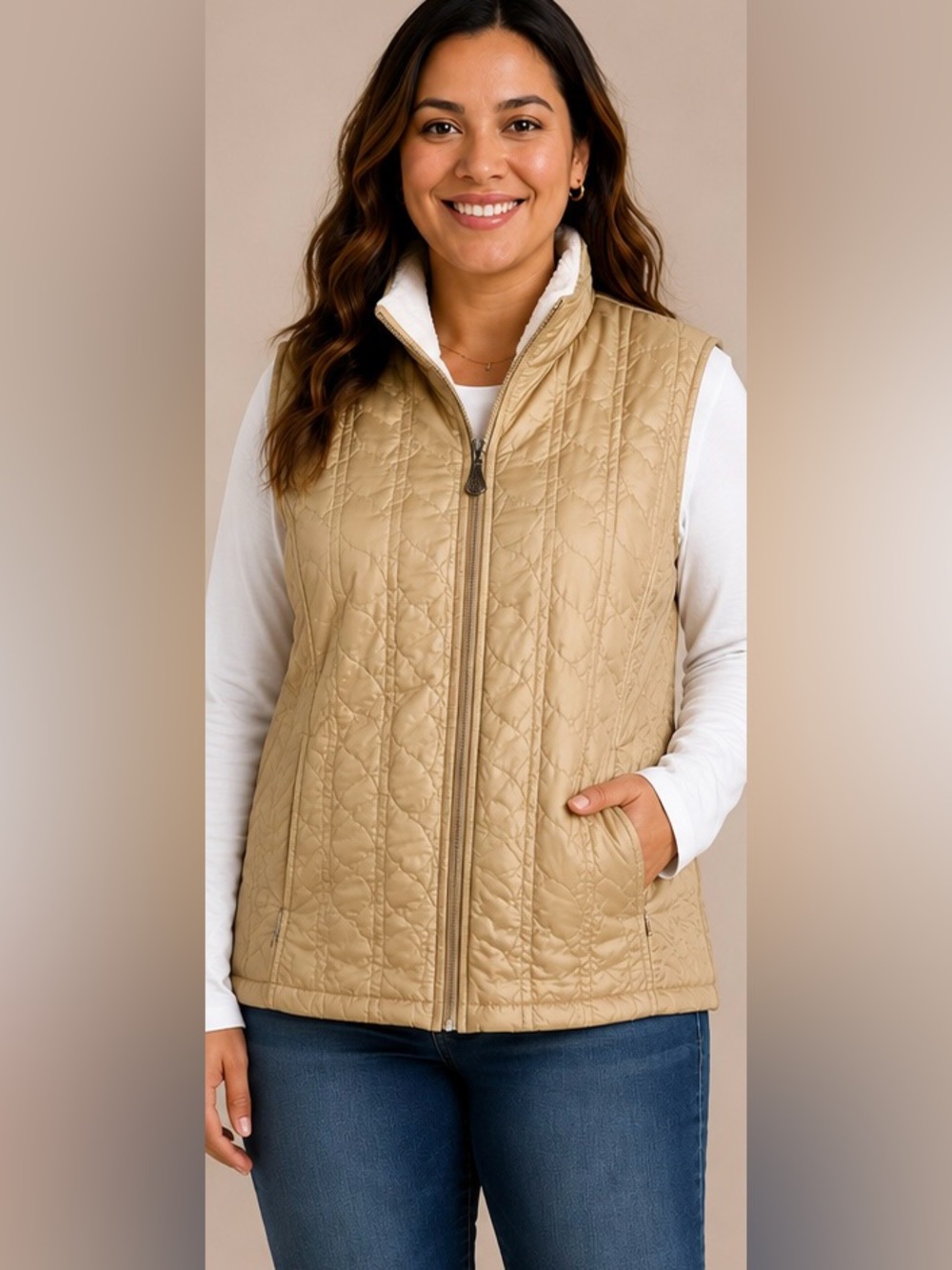 Laura Scott Gold Quilted Zip-Up Vest with Teardrop Pull - Size XL